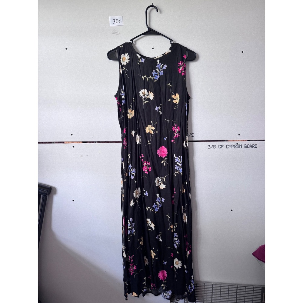 UM & Company Ulterior Motives Vintage Floral Maxi Dress Black Rayon Size 13/14